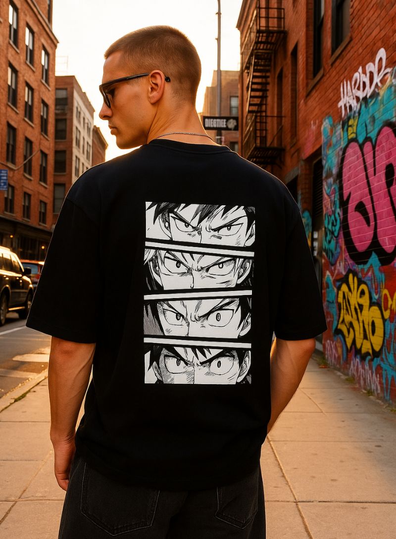 Manga Eyes Stack Black Oversized T-Shirt