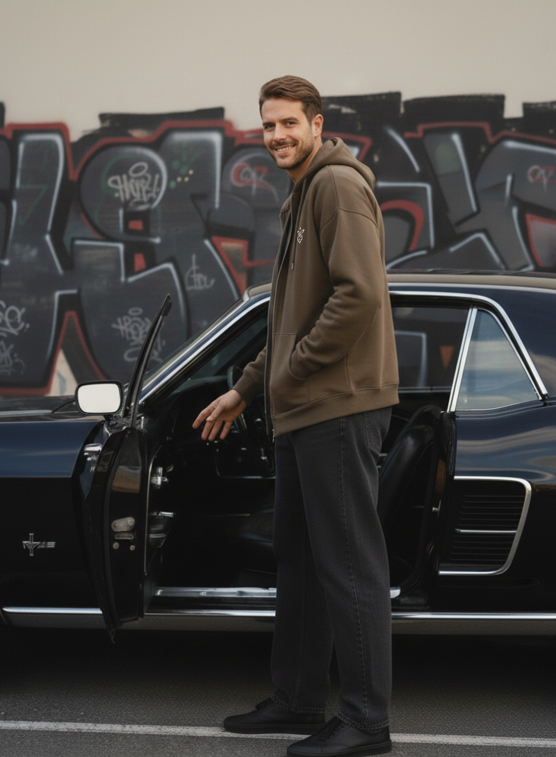 Mouse Brown Zipper Hoodie Street Look