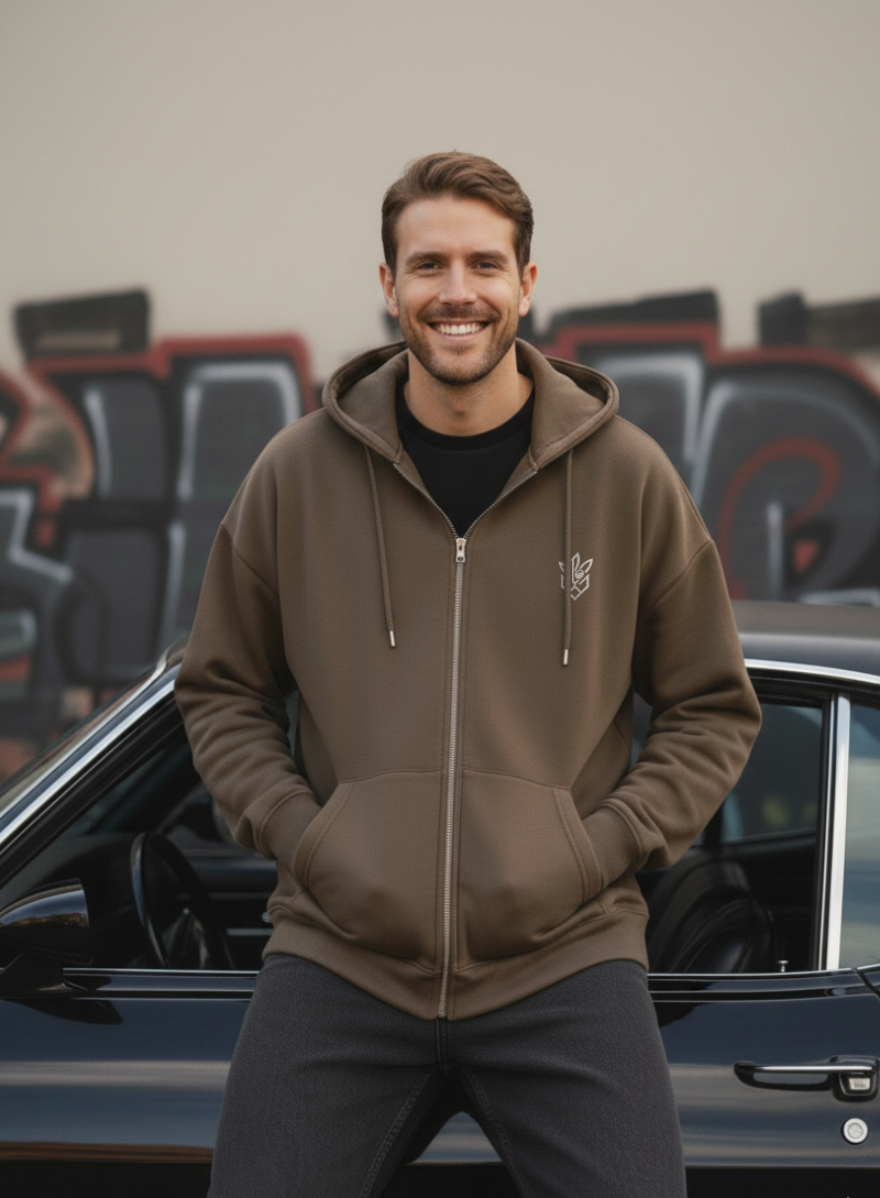 Mouse Brown Zipper Hoodie Street Look