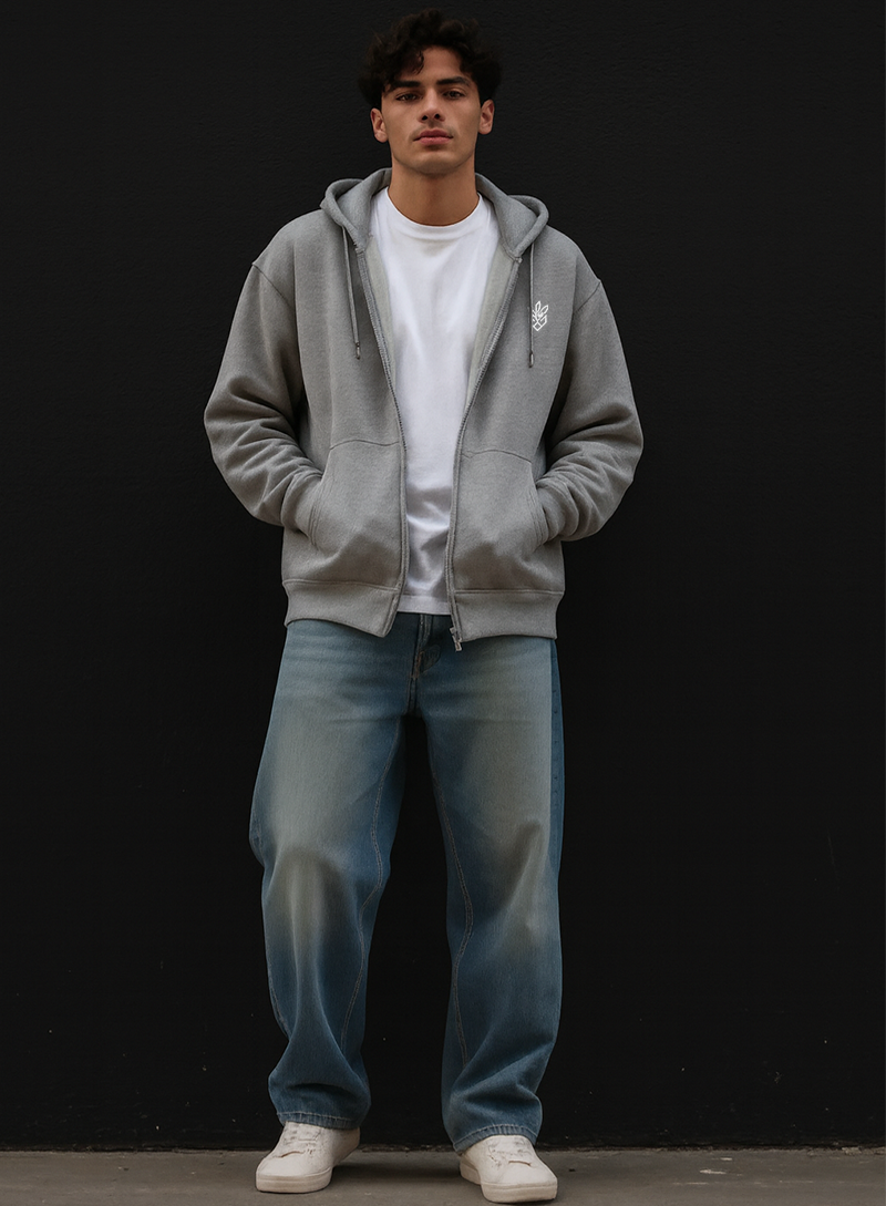 Light Grey Zipper Hoodie Street Look