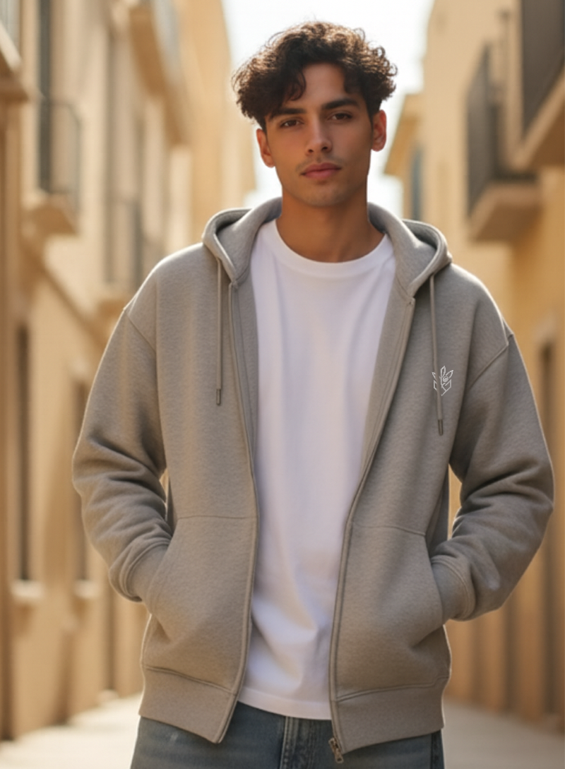 Light Grey Zipper Hoodie Street Look