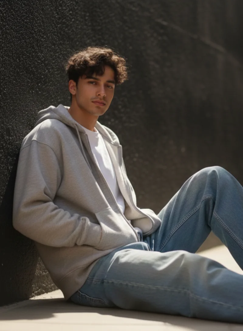 Light Grey Zipper Hoodie Street Look